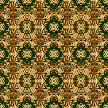 Altın elementlerle kusursuz bir desen. Yeşil arkaplanda altın ızgara.