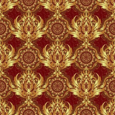 Kırmızı arka planda geleneksel Arap dekorasyonu. Duvar kâğıdı için altın süslü bir illüstrasyon. Süslü dantel iz sürücü. Altın süslemeli vektör desenli. Doğu tarzında klasik altın elementler.
