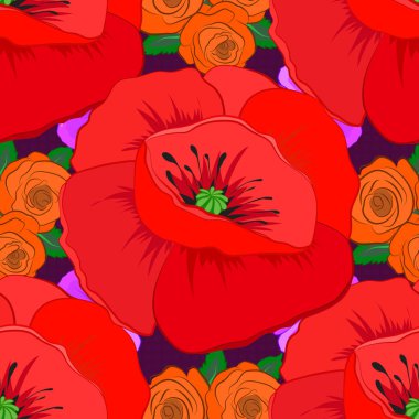 Stock vektör illüstrasyonu. Mor arka planda kusursuz bir haşhaş çiçeği deseni. Klasik stil.