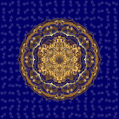 Düğün davetiyesi, kitap kapağı ya da broşür için. Eski Yunan ve İslami süslemelere dayanan altın süslemeli mavi arkaplan.