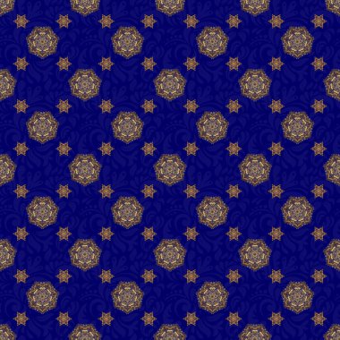 Kart, davetiye, düğün, ambalaj kağıdı için el çizimi vektör deseni. Altın parıltılı çizgilerin kusursuz deseni, dalgalı çizgiler, mavi üzerinde pürüzsüz desen altın çizgiler..