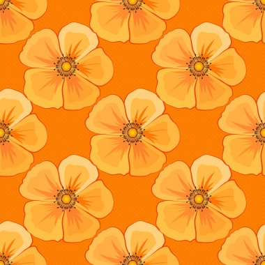 Vektör çizimi. Parlak, güzel kozmos çiçekleri kusursuz bir arka plan. Soyut şirin çiçek deseni turuncu, sarı ve bej renklerde..