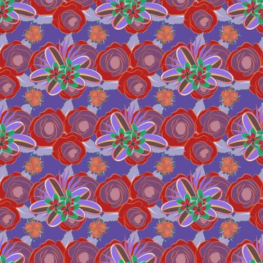 Yeşil ve kırmızı renklerle renklendirilmiş kusursuz çiçekler. Vektör çiçek deseni.