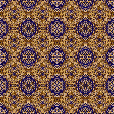 Kusursuz desenli altın elementler, bukleler ve mavi arka planda süsler. Raster doğu tarzı arabesk.