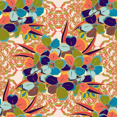 Çiçek izi. Çiçek desenini unutma vektörünü tekrarlıyorum. Turuncu, mavi ve bej renkleriyle modern, karışık çiçek desenleri..