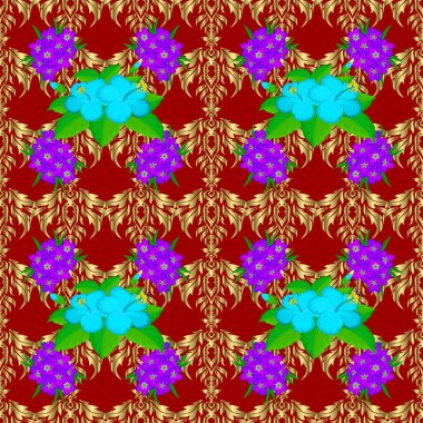 Grafiksel modern model. Amfibik çiçekli kusursuz desen. Kırmızı arka planda kusursuz soyut çiçek deseni. Güzel bir arkaplan. Geometrik yaprak süsü.