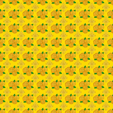 Sarı arka planda stilize gül çiçekleri ve yeşil yapraklı vektörsüz arkaplan deseni.