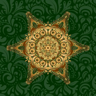 El boyası vektör mandala, yeşil arka planda altın, Hint tavus kuşu, Hint deseni, altın mandala, mandala tavus kuşu.