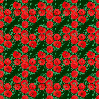 Haşhaş çiçekleri, yapraklar, dekoratif elementler, sıçramalar, lekeler ve yeşil bir arka plan. Karalama çizim biçimi, el çizimi illüstrasyon.