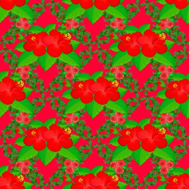 Vektör çizimi. Kırmızı arka planda aralıksız çiçek deseni ve karışık amber çiçekleri..