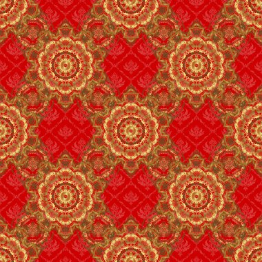 Kırmızı ve altın süslemeleri, geometrik Fas dikişsiz desenli vektör soyut yama arkaplanı. Şekillendirilmiş altın yıldızlar, kar taneleri ve ızgaralar. Etnik Hint folkloru.