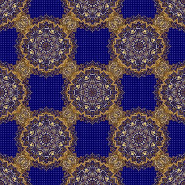 Duvar kağıtları, arka planlar, el ilanları ya da ambalaj kağıtları için desen. Şam süsü ile kusursuz desen. Mavi arka planda Arap tarzında kusursuz vektör altın süsü.