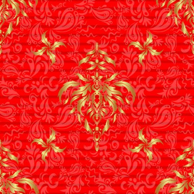 Kırmızı ve altın pürüzsüz desen. Geometrik tekrarlayan vektör süslemesi ile altın elementler. Kırmızı bir arkaplanda kusursuz soyut modern desen.