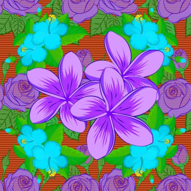 Geleneksel dikişsiz şal deseni. Kumaş, tekstil ve ambalaj kağıtları için dekoratif süs. Plumeria çiçekli vektör çizgili, pürüzsüz desen. Mavi, mor ve yeşil renklerde çiçek duvar kağıtları.