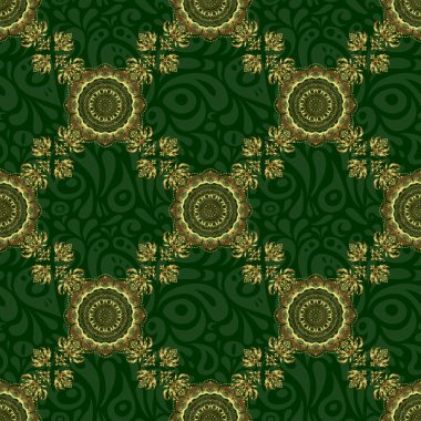 Damask vektörü klasik altın desen. Yeşil arka planda altın renklerde kusursuz soyut elementler. Altın yinelenen elementlerle oryantal arkaplan.