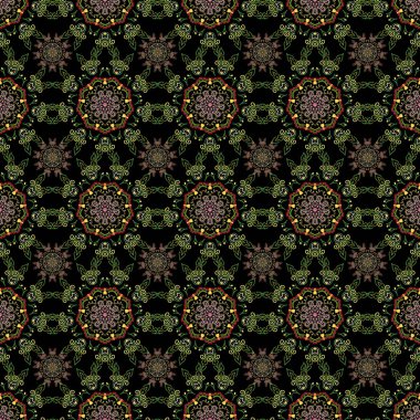 Çiçekli ve Mandala elementli zarif, pürüzsüz bir desen. Güzel turuncu, kırmızı ve yeşil elle çizilmiş kusursuz vektör çizimi.