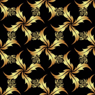 Siyah arka planda soyut çiçekleri ve yıldızları olan kusursuz desenli vektör altın ızgara. Yatak örtüsü, ceket, paket tasarımı, kumaş ve moda kavramları için doğu tekstil baskısı.