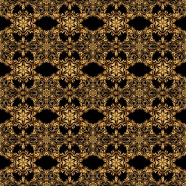Kusursuz desenli altın elementler, bukleler ve siyah bir arka planda süslemeler. Doğu tarzı arabesk.