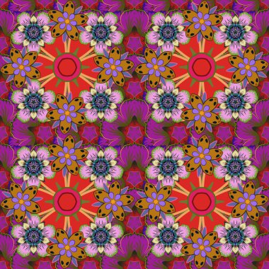 Çiçekleri ve yaprakları pembe, kırmızı ve mor renklerde olan kusursuz çiçek deseni.