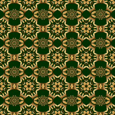 Raster illüstrasyonu. Yeşil bir arka planda stilize dalgalar ile altın süslemenin gösterişsiz deseni.