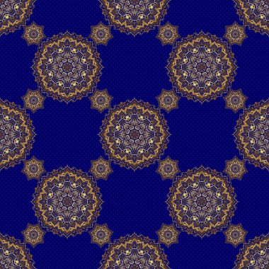 Kusursuz soyut arka plan ve altın tekrarlayan elementler. Mavi ve altın desenli. Zarif klasik altın pürüzsüz desen.