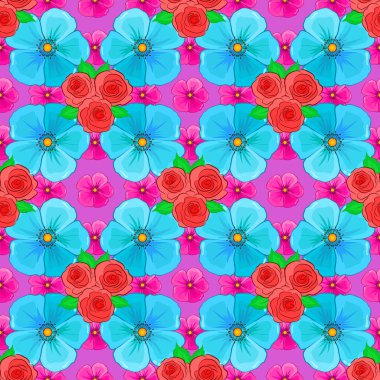 Şekillendirilmiş kozmos çiçekleri ve menekşe arkaplanda yaprakları olan kusursuz bir arkaplan deseni.