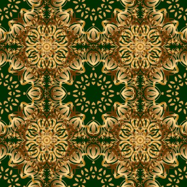 Altın Elementli Zarif Noel Posteri Şablonu. Yeşil bir arka planda lüks süslemeleri olan kusursuz bir desen. Vektör illüstrasyonu.