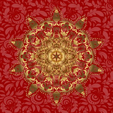 Kırmızı arka planda yuvarlak süs deseni. İslam 'ın, Arapça' nın, Hint dinlerinin ruhani ve ayinsel sembolü. Doğulu motifler. Vektör geometrik daire elementleri. Altın Mandala.