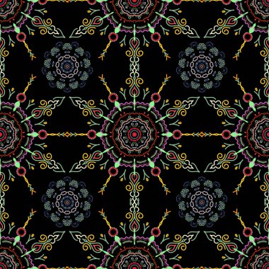 Damask çiçek desenli yeşil, pembe ve nötr renklerde. Vektör illüstrasyonu.