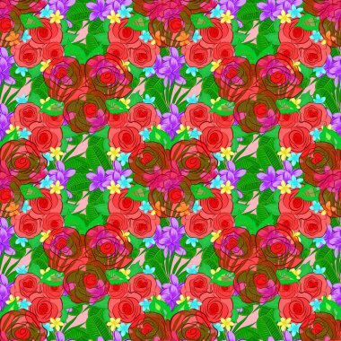 Pembe arka planda pürüzsüz bir iz var. Güzel suluboya güller ve yeşil yapraklar, parlak tablolar çiçek desenlerinden esinlenmiştir..