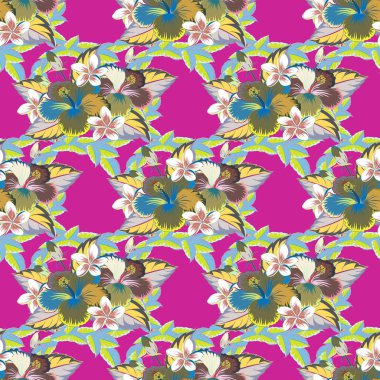 Mavi, gri ve morumsu çiçekli kusursuz desen. Vektör çizimi. Mavi, gri ve morumsu amber çiçeklerinin vektör çizimi.