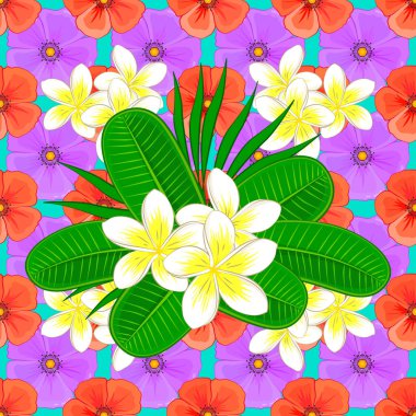 Kusursuz bir arka plan. Mavi arka planda suluboya çiçekleri. Plumeria çiçek deseninden esinlenilmiş parlak resim.