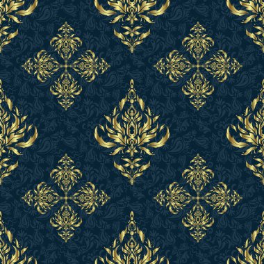 Altın elementler ve süslemelerle dokumasız desenli vektör parıltısı. Tatil için mükemmel. Mavi arkaplanda altın çiçek motifi.