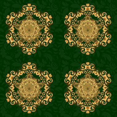 Yeşil arka planda elle çizilmiş altın mandala. Soyut desen.