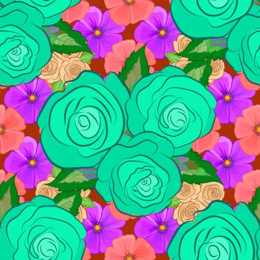 Çizgili arka planda dikişsiz suluboya desen. Mavi, mor ve yeşil renkli vektör çiçek deseni. Şirin gül çiçekleri ve yeşil yaprak deseni.