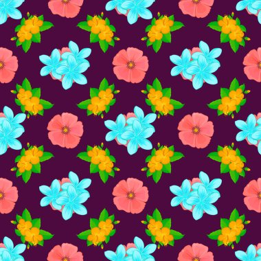 Vektör çizimi. Parlak, güzel, çiçekli, pürüzsüz bir arka plan. Mor bir arka planda soyut, sevimli çiçek deseni..