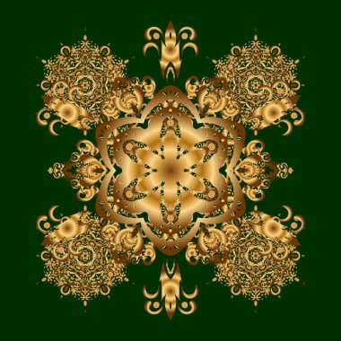 Vintage vektör modeli. Davetiye, düğün kartı, hatıra defteri. Dekoratif dekoratif yuvarlak mandala. Altın çıkartmalar, geçici dövmeler, mehndi ve yoga tasarımı, boho, sihirli sembol. Yeşilden önce altın.