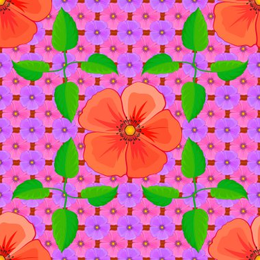 Kozmos çiçeklerinin mor, pembe ve turuncu renkte olduğu soyut zarafet vektörü kusursuz desen.