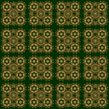 Yeşil arkaplanı olan dekoratif altın elementler. Dekorasyon, kumaş veya tekstil için klasik dikişsiz desen.