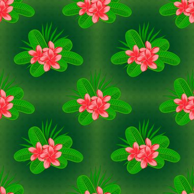 Plumeria çiçekleriyle süslü bir duvar kağıdı. Vektör arkaplanı. Çiçek açan Tespih çiçekleri ve yaprakları yeşil, pembe ve kırmızı renklerde..