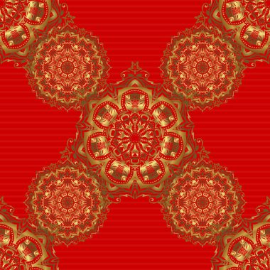 Altın elementli lüks kırmızı arka plan. Altın pürüzsüz desen. Parlak arkaplan. Kırmızı arkaplan.