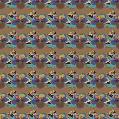 Aloha Hawai gömlekli, dikdörtgen Hibiscus desenli gri, kahverengi ve turuncu renkli..