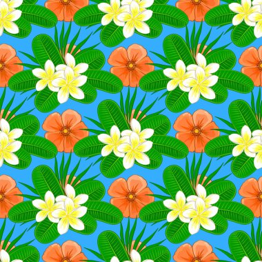Stock vektör illüstrasyonu. Plumeria çiçeklerinin kusursuz deseni mavi arka planda. Klasik stil.