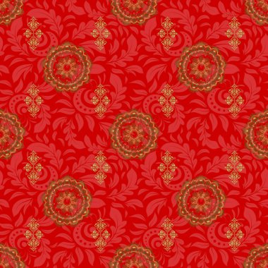 Vektör çizimi. Kırmızı arkaplanda altın rengi elementlerin kusursuz vektör görüntüsü. Duvar kağıdı, sunum, tasarım, tekstil için.