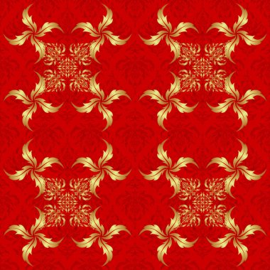 Kırmızı arka planda geleneksel oryantasyon süsü. Kusursuz klasik vektör altın deseni.