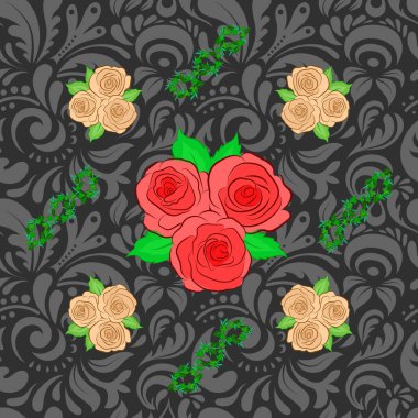 Gül çiçekleri ve yeşil yapraklı, bej, gri ve yeşil renkli moda baskılar. Dekorasyon ve tasarım için mükemmel bir vektör kusursuz desen. Eski tarz gül çiçekleriyle enfes bir desen..