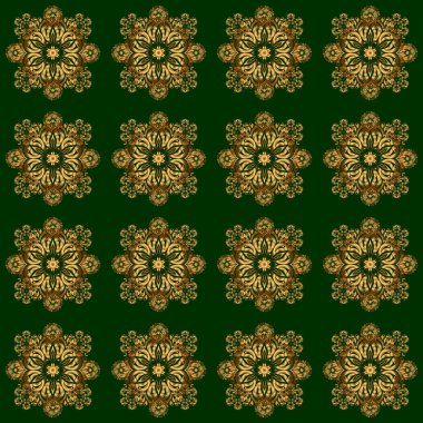 Parlayan Altın Elementlerle Zarif Noel Arkaplanı. Yeşil arka planda altın desen. Vektör illüstrasyonu.