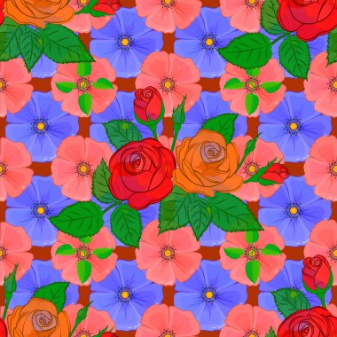 Çiçeksiz desen. Vektör çizimi. Soyut, sevimli gül çiçekleri ve kahverengi arka planda yeşil yapraklı bahar kağıdı..