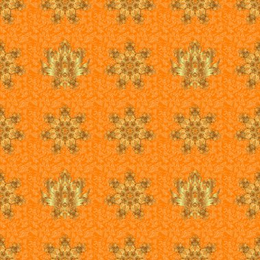 Turuncu arka planda tekrarlayan elementlerle kusursuz soyut süs. Turuncu ve altın desenli. Zarif vektör klasik pürüzsüz desen.