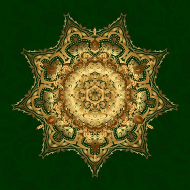 Yeşil arka planda yuvarlak süs deseni. Altın Mandala. Vektör geometrik daire elementleri. Doğulu motifler. İslam 'ın, Arapça' nın, Hint dinlerinin ruhani ve ayinsel sembolü..